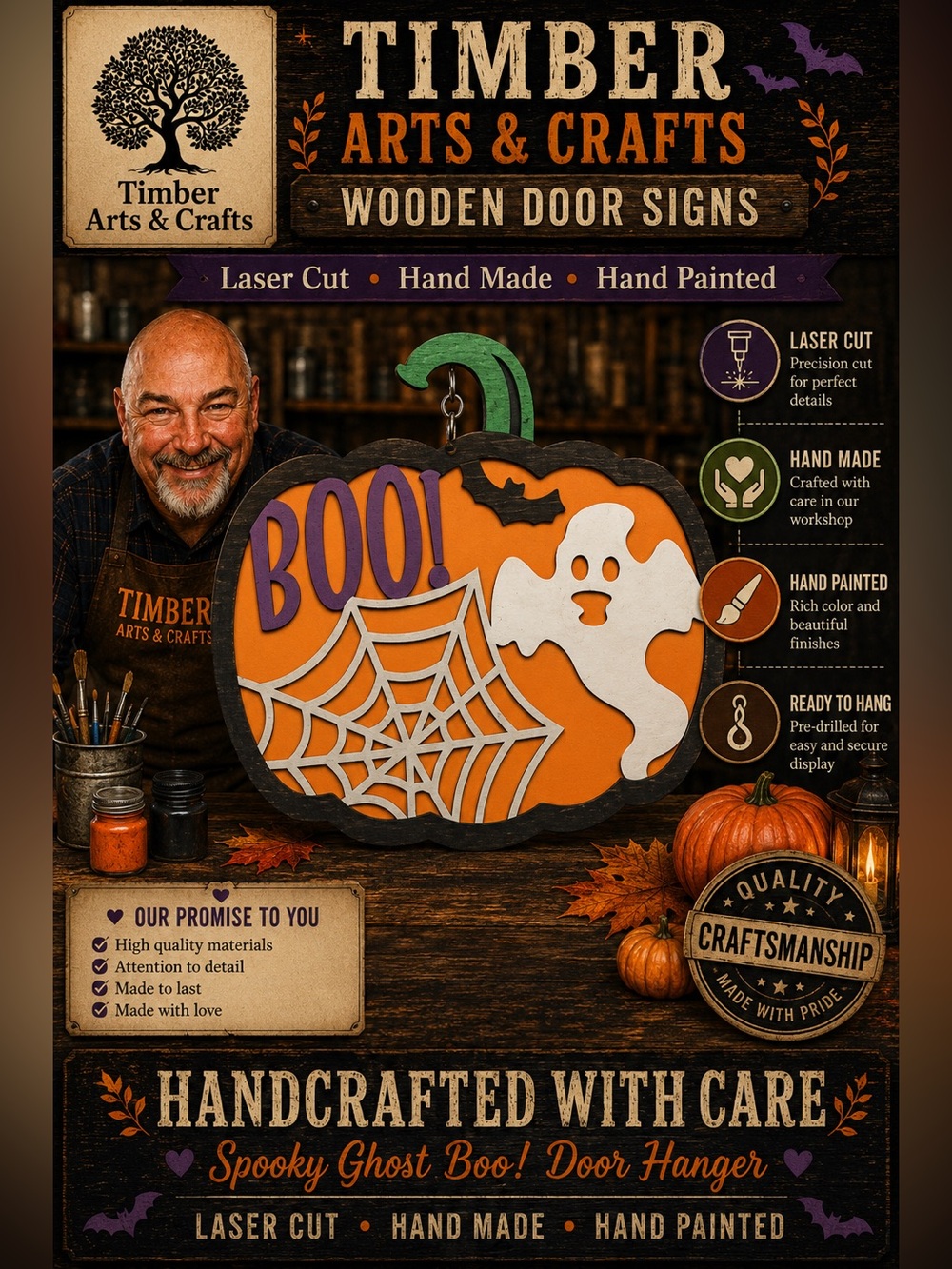 Hand Crafted Wooden "Halloween Ghost Boo!" Door Hanger Laser Cut